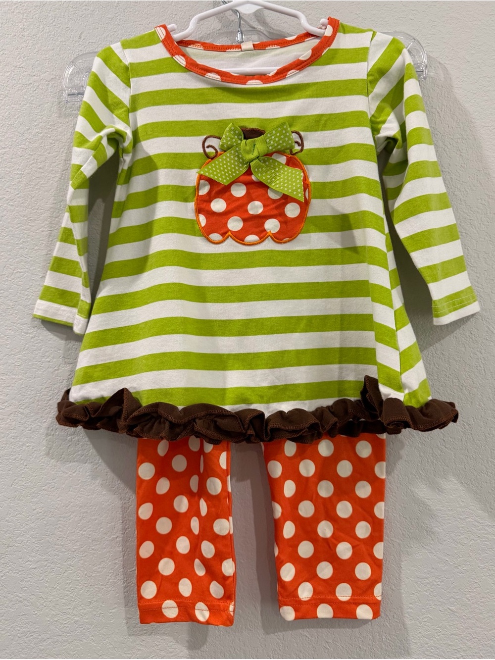 Boutique Pumpkin Green White Stripe Polka Dot Brown Ruffle Fall Two-Piece Set 2T